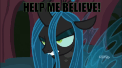 Size: 960x539 | Tagged: safe, edit, edited screencap, editor:undeadponysoldier, screencap, queen chrysalis, changeling, changeling queen, frenemies (episode), angry, animal i have become, animated, discovery family logo, episode needed, fangs, gif, glowing horn, horn, image macro, lyrics, open mouth, singing, song reference, three days grace