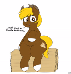 Size: 2982x3080 | Tagged: safe, artist:blitzyflair, oc, oc only, oc:acres, earth pony, pony, blonde, blonde mane, blonde tail, brown coat, chubby, coat markings, cowboy hat, dialogue, earth pony oc, fat, hay bale, male, open mouth, raised hoof, raised leg, sitting, solo, stallion, talking to viewer, thick, wide hips