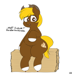 Size: 2982x3080 | Tagged: safe, artist:blitzyflair, oc, oc only, oc:acres, earth pony, pony, blonde, blonde mane, blonde tail, brown coat, chubby, coat markings, cowboy hat, dialogue, earth pony oc, fat, hay bale, male, open mouth, raised hoof, raised leg, simple background, sitting, solo, stallion, talking to viewer, thick, transparent background, wide hips