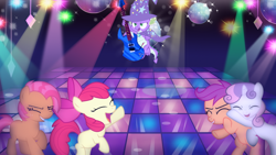 Size: 800x451 | Tagged: safe, edit, editor:undeadponysoldier, apple bloom, babs seed, scootaloo, spike, sweetie belle, dragon, earth pony, pegasus, pony, unicorn, series:spikebob scalepants, badass, cape, cutie mark crusaders, dance floor, dancing, disco ball, epic, eyes closed, female, filly, flying, goofy goober rock, guitar, hat, majestic as fuck, male, ponified scene, rocking out, smiling, spongebob squarepants, spotlight, the spongebob squarepants movie, tiled floor, tiles, trixie's cape, trixie's hat