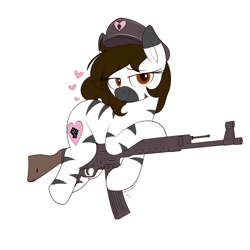 Size: 4000x4000 | Tagged: safe, artist:shinodage, edit, oc, oc only, oc:white chocolate, earth pony, pony, alternate cutie mark, anonymous editor, assault rifle, blushing, deleted from derpibooru, eye color change, gun, hair color edit, heart, image, looking at you, png, rifle, simple background, smiling, solo, stg 44, striped, unauthorized edit, weapon, white background