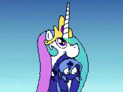 Size: 800x600 | Tagged: safe, artist:2snacks, derpibooru import, edit, princess celestia, princess luna, alicorn, pony, 8-bit, abuse, animated, crown, cursed, cute, exploitable meme, female, filly, gif, hair over one eye, hand, head pat, impossibly long neck, jewelry, lesser dog, long neck, lunabuse, magic, magic hands, meme, moon, mouth, mouth hold, necc, nope.avi, pat, pixel art, princess necklestia, regalia, royal sisters, scruff, siblings, sisters, to the moon, up down, wat, wingless, woona, younger