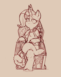 Size: 2595x3250 | Tagged: safe, artist:yoditax, derpibooru import, princess platinum, rarity, semi-anthro, unicorn, chest fluff, crossed legs, female, looking at you, mare, monochrome, sitting, smiling, smiling at you, smug, smug smile, smugity, solo, throne, underhoof