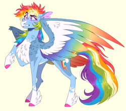 Size: 1201x1068 | Tagged: safe, artist:dipper-amajiki, artist:wanderingpegasus, derpibooru import, rainbow dash, pegasus, pony, alternate hairstyle, chest fluff, coat markings, colored wings, female, mare, raised hoof, raised leg, solo, unshorn fetlocks, wings