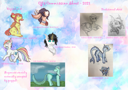 Size: 4960x3508 | Tagged: safe, artist:lil_vampirecj, derpibooru import, oc, oc:alec, oc:azure moon, oc:opal, oc:seaphire, oc:wafflemare, oc:zippy, changedling, changeling, earth pony, hybrid, original species, pegasus, pony, unicorn, advertisement, commission, commission info, photo