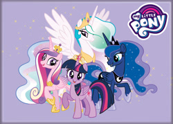 Size: 1050x750 | Tagged: safe, derpibooru import, princess cadance, princess celestia, princess luna, twilight sparkle, twilight sparkle (alicorn), alicorn, pony, alicorn tetrarchy, big crown thingy, colored wings, element of magic, ethereal mane, ethereal tail, female, gem, gemstones, gradient mane, gradient wings, group, group shot, jewelry, logo, looking at you, looking down, regalia, simple background, smiling, smiling at you, sparkles, tail, wings