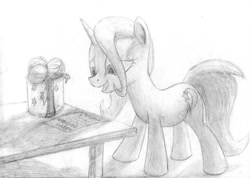 Size: 1024x728 | Tagged: safe, artist:rnghat, derpibooru import, trixie, pony, unicorn, grayscale, monochrome, present, solo, traditional art