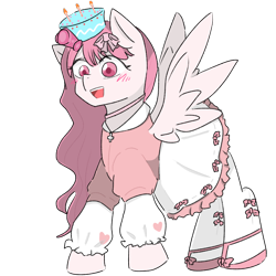 Size: 768x768 | Tagged: safe, artist:metaruscarlet, derpibooru import, oc, oc only, oc:pink cross, pegasus, pony, blushing, clothes, female, flats, hat, mare, nurse, nurse outfit, open mouth, party hat, shirt, shoes, simple background, skirt, solo, stockings, thigh highs, transparent background
