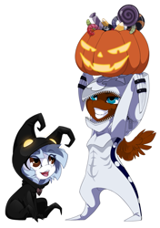 Size: 1729x2450 | Tagged: safe, artist:arctic-fox, derpibooru import, oc, oc only, oc:ash wing, oc:nimble wing, candy, clothes, cosplay, costume, cute, female, food, grin, halloween, heartless, holiday, jack-o-lantern, kingdom hearts, looking up, male, nobody, pumpkin, shipping, simple background, sitting, smiling, spread wings, transparent background, wings