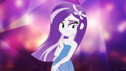 Size: 3840x2160 | Tagged: safe, artist:felux, derpibooru import, rarity, equestria girls, 4k, :j, abstract background, alternate hairstyle, bare shoulders, clothes, dress, female, sleeveless, solo, strapless