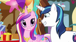 Size: 1920x1080 | Tagged: safe, derpibooru import, screencap, princess cadance, shining armor, alicorn, pony, unicorn, the one where pinkie pie knows, spoiler:s05, duo, female, husband and wife, male, mare, married couple, smiling, stallion