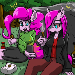 Size: 1280x1280 | Tagged: safe, artist:genericmlp, derpibooru import, pinkie pie, anthro, earth pony, blunt, cellphone, clothes, drugs, duality, jacket, munchies, open mouth, open smile, phone, pinkamena diane pie, red eyes, self ponidox, smiling, sweater