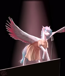 Size: 1851x2160 | Tagged: safe, artist:p i k i n a s 13, derpibooru import, oc, oc only, oc:vinyl dask, pegasus, fallout equestria, clothes, dress, microphone, microphone stand, pegasus oc, solo