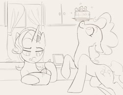 Size: 2415x1870 | Tagged: safe, artist:cadillacdynamite, derpibooru import, pinkie pie, starlight glimmer, earth pony, pony, unicorn, baking, cake, food, mlp fim's eleventh anniversary, ponies balancing stuff on their nose, sketch