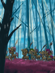 Size: 3000x4000 | Tagged: safe, artist:flaremoon, derpibooru import, oc, oc:mercury haze, earth pony, pegasus, pony, unicorn, armor, female, forest, guard, guardsmare, marching, mare, royal guard, tree, weapon