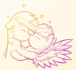 Size: 1704x1566 | Tagged: safe, artist:exobass, derpibooru import, oc, oc:anny tr3e, oc:exobass, pegasus, unicorn, female, heart, horn, kissing, male, pegasus oc, smooch, smooching, unicorn oc