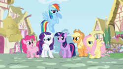 Size: 1920x1080 | Tagged: safe, derpibooru import, screencap, applejack, fluttershy, pinkie pie, rainbow dash, rarity, twilight sparkle, unicorn twilight, earth pony, pegasus, pony, unicorn, 1080p, female, intro, mane six, opening, ponyville