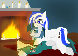 Size: 2785x1996 | Tagged: safe, artist:samsailz, derpibooru import, oc, oc:light speed, pegasus, book, candle, clothes, cozy, fire, fireplace, glasses, hoodie, living room, lying down, on top, reading, rug, shadow, vaporwave