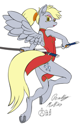 Size: 796x1200 | Tagged: safe, alternate version, artist:sepiakeys, derpibooru import, derpy hooves, anthro, unguligrade anthro, cheongsam, clothes, simple background, solo, sword, weapon, white background