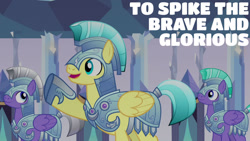 Size: 1280x720 | Tagged: safe, derpibooru import, edit, edited screencap, editor:quoterific, screencap, pegasus, pony, season 6, the times they are a changeling, male, open mouth, open smile, royal guard, smiling, stallion