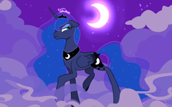 Size: 4200x2600 | Tagged: safe, artist:frozenfarron, derpibooru import, princess luna, alicorn, cloud, crescent moon, crown, female, grumpy, grumpy luna, horn, jewelry, luna is not amused, mare, moon, night, regalia, wings