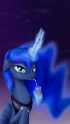 Size: 2160x3840 | Tagged: safe, artist:rnghat, derpibooru import, princess luna, alicorn, pony, drink, female, glowing, glowing horn, horn, magic, mare, night, raised hoof, raised leg, solo, stars, straw, telekinesis