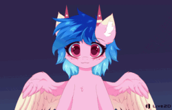 Size: 1128x720 | Tagged: safe, artist:neverend, derpibooru import, animated, blinking, blue mane, cheek fluff, colored ears, colored eartips, colored wings, cute, ear fluff, ears, gif, gradient background, horns, live2d, looking at you, open mouth, pink coat, solo, two toned wings, wings