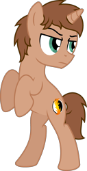 Size: 1483x2916 | Tagged: safe, artist:peternators, derpibooru import, oc, oc only, oc:heroic armour, pony, unicorn, brown mane, brown tail, colt, full body, horn, lidded eyes, looking back, male, rearing, show accurate, simple background, solo, tail, teal eyes, teenager, transparent background, unicorn oc