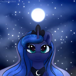 Size: 4096x4096 | Tagged: safe, artist:darbedarmoc, derpibooru import, princess luna, alicorn, pony, absurd resolution, bust, crown, female, front view, horn, jewelry, looking at you, mare, moon, night, peytral, regalia, solo, stars, teal eyes