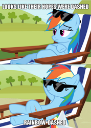 Size: 710x1000 | Tagged: safe, derpibooru import, edit, edited screencap, screencap, rainbow dash, pegasus, pony, too many pinkie pies, caption, female, image macro, mare, pun, solo, sunglasses, text