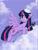 Size: 1125x1474 | Tagged: safe, artist:toastpone, derpibooru import, twilight sparkle, twilight sparkle (alicorn), alicorn, pony, aesthetics, big eyes, cloud, crown, female, jewelry, mare, purple, purple background, regalia, simple background, solo