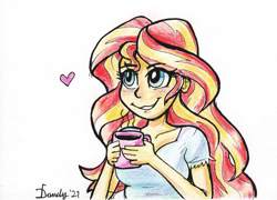 Size: 2039x1471 | Tagged: safe, artist:dandy, derpibooru import, sunset shimmer, human, equestria girls, blushing, coffee, coffee mug, colored pencil drawing, female, heart, mug, request, smiling, solo, traditional art