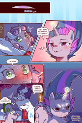 Size: 960x1440 | Tagged: safe, artist:cold-blooded-twilight, derpibooru import, rarity, spike, sweetie belle, twilight sparkle, unicorn, comic:cold storm, bags under eyes, bed, blushing, closed mouth, cold blooded twilight, comic, dialogue, eyepatch, eyeshadow, female, frown, glowing, glowing horn, horn, hug, magic, makeup, open mouth, pillow, siblings, sisters, smiling, sparkles, speech bubble, tail, wide eyes