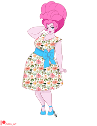 Size: 1275x1650 | Tagged: safe, artist:m-a-v-e-r-i-c-k, derpibooru import, pinkie pie, equestria girls, 50s, alternate hairstyle, arm behind head, chubby, clothes, dress, female, high heels, housewife, lipstick, one eye closed, patreon, patreon logo, shoes, simple background, smiling, solo, white background, wink