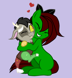 Size: 1448x1560 | Tagged: safe, artist:lucky-em, derpibooru import, discord, oc, draconequus, earth pony, pony, baby, base used, bow, cheek squish, earth pony oc, eyes closed, female, hair bow, heart, hug, male, mare, one eye closed, purple background, simple background, smiling, squishy cheeks, wink, young discord