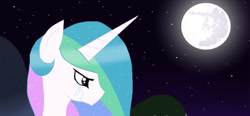 Size: 976x452 | Tagged: safe, artist:lucky-em, derpibooru import, princess celestia, alicorn, pony, bust, crying, female, full moon, mare, mare in the moon, moon, night, outdoors, solo, stars