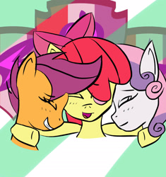 Size: 1550x1650 | Tagged: safe, artist:lucky-em, derpibooru import, apple bloom, scootaloo, sweetie belle, earth pony, pegasus, pony, unicorn, 2015, abstract background, bow, bust, cutie mark, cutie mark crusaders, eyes closed, female, filly, grin, hair bow, side hug, smiling, the cmc's cutie marks