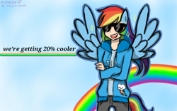 Size: 1280x800 | Tagged: safe, artist:nichandesu, derpibooru import, rainbow dash, human, 20% cooler, 2015, clothes, cutie mark, cutie mark on clothes, female, grin, hoodie, humanized, rainbow, smiling, solo, winged humanization, wings