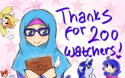 Size: 1280x800 | Tagged: safe, artist:nichandesu, derpibooru import, oc, human, pony, unicorn, 2015, book, bust, chica, clothes, crossover, female, five nights at freddy's, foxy, glasses, hijab, horn, humanized, mare, milestone, raised hoof, raised leg, smiling, unicorn oc