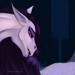 Size: 1000x1000 | Tagged: safe, artist:stoopedhooy, derpibooru import, oc, oc:shakes heartwood, horse, breath, bust, glowing, glowing eyes, long mane, looking down, portrait, snow, solo, winter