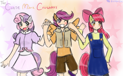 Size: 1280x800 | Tagged: safe, artist:nichandesu, derpibooru import, apple bloom, scootaloo, sweetie belle, human, 2015, :d, abstract background, clothes, cutie mark crusaders, eared humanization, female, grin, horn, horned humanization, humanized, one eye closed, open mouth, open smile, overalls, shorts, skirt, smiling, vest, winged humanization, wings, wink