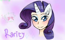 Size: 1280x800 | Tagged: safe, artist:nichandesu, derpibooru import, rarity, spike, human, 2015, abstract background, blushing, bust, duo, eared humanization, eyelashes, female, heart eyes, horn, horned humanization, humanized, makeup, male, smiling, wingding eyes