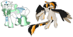 Size: 2487x1278 | Tagged: safe, alternate version, artist:sketchytwi, derpibooru import, oc, oc only, pegasus, pony, unicorn, bow, colored, colored wings, flying, glowing, glowing horn, hoof fluff, horn, leonine tail, pegasus oc, simple background, tail, tail bow, transparent background, two toned wings, unicorn oc, wings