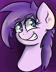 Size: 568x725 | Tagged: safe, artist:tranzmuteproductions, derpibooru import, oc, oc only, oc:purple roselyn, earth pony, pony, bust, earth pony oc, eye clipping through hair, eyelashes, female, gradient background, grin, mare, smiling, solo