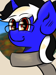 Size: 600x800 | Tagged: safe, artist:tranzmuteproductions, derpibooru import, oc, oc only, pony, unicorn, bust, clothes, commission, glasses, horn, male, scarf, smiling, solo, stallion, unicorn oc, ych result