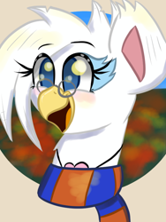 Size: 600x800 | Tagged: safe, artist:tranzmuteproductions, derpibooru import, oc, oc only, griffon, bust, clothes, commission, eyelashes, female, griffon oc, jewelry, necklace, scarf, smiling, solo, ych result