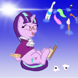 Size: 1080x1080 | Tagged: safe, artist:princessdestiny200i, derpibooru import, snowfall frost, starlight glimmer, pony, unicorn, a hearth's warming tail, back scratcher, bondage, clothes, electric toothbrush, eyes closed, feather, female, fetish, glasses, hoof fetish, hoof tickling, mare, paintbrush, pen, rope, rope bondage, shirt, solo, spats, suit, tickle torture, tickling