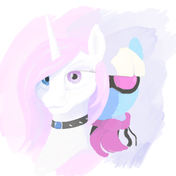 Size: 1700x1700 | Tagged: safe, anonymous artist, fleur-de-lis, photo finish, earth pony, pony, siren, unicorn, fanfic:j'adore, bust, collar, fanfic art, gem, gradient background, heterochromia, jewelry, looking at you, portrait, sapphire, spiked collar
