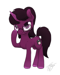 Size: 1037x1292 | Tagged: safe, artist:parallel black, oc, oc only, oc:heart drive, pony, unicorn, butt freckles, digital art, featured image, female, freckles, glasses, mare, ponybooru mascot, raised hoof, raised leg, simple background, smiling, solo, transparent background