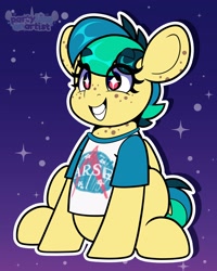 Size: 3192x4000 | Tagged: safe, artist:partylikeanartist, oc, oc only, oc:apogee, pegasus, pony, acronym, clothes, ear freckles, eyebrows visible through hair, female, filly, freckles, gradient background, happy, nasa, pegasus oc, redraw, shirt, sitting, smiling, solo, starry eyes, stars, t-shirt